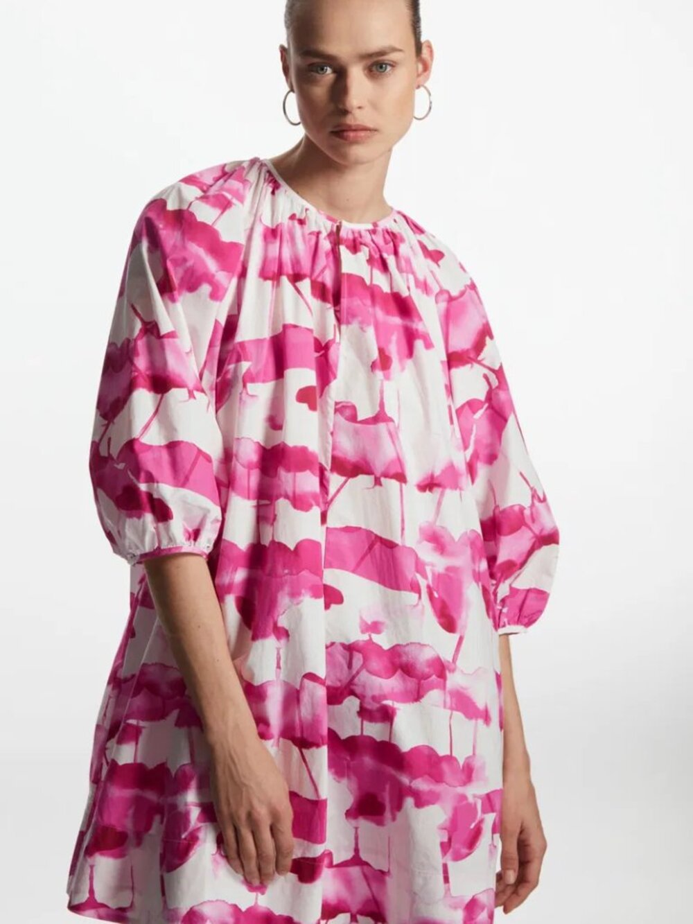 COS Women's EUR 34 US Small 100% Cotton Pink Relaxed Fit Puff Sleeve Mini Dress